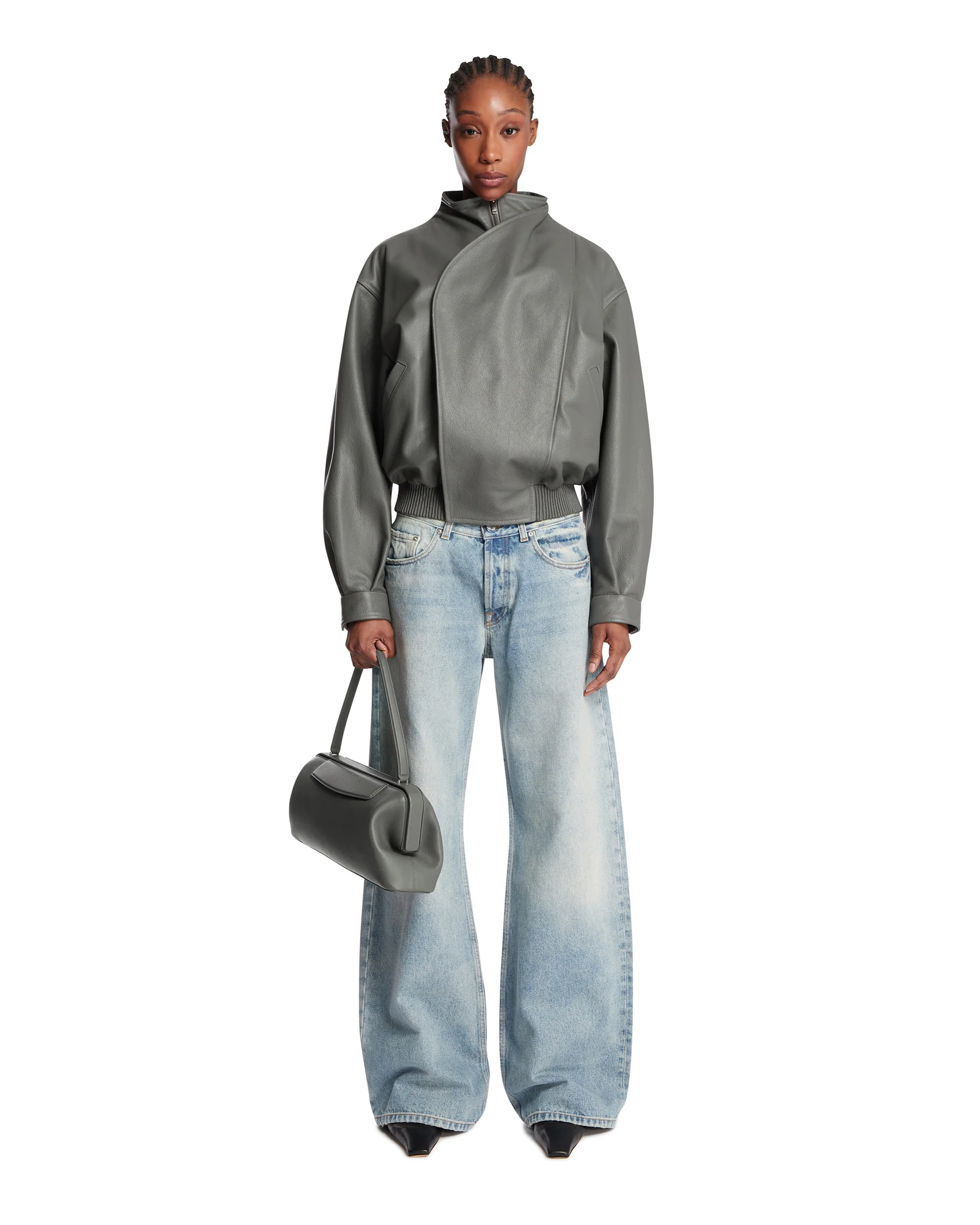 Giacca Bomber In Pelle Grigia - Image 3