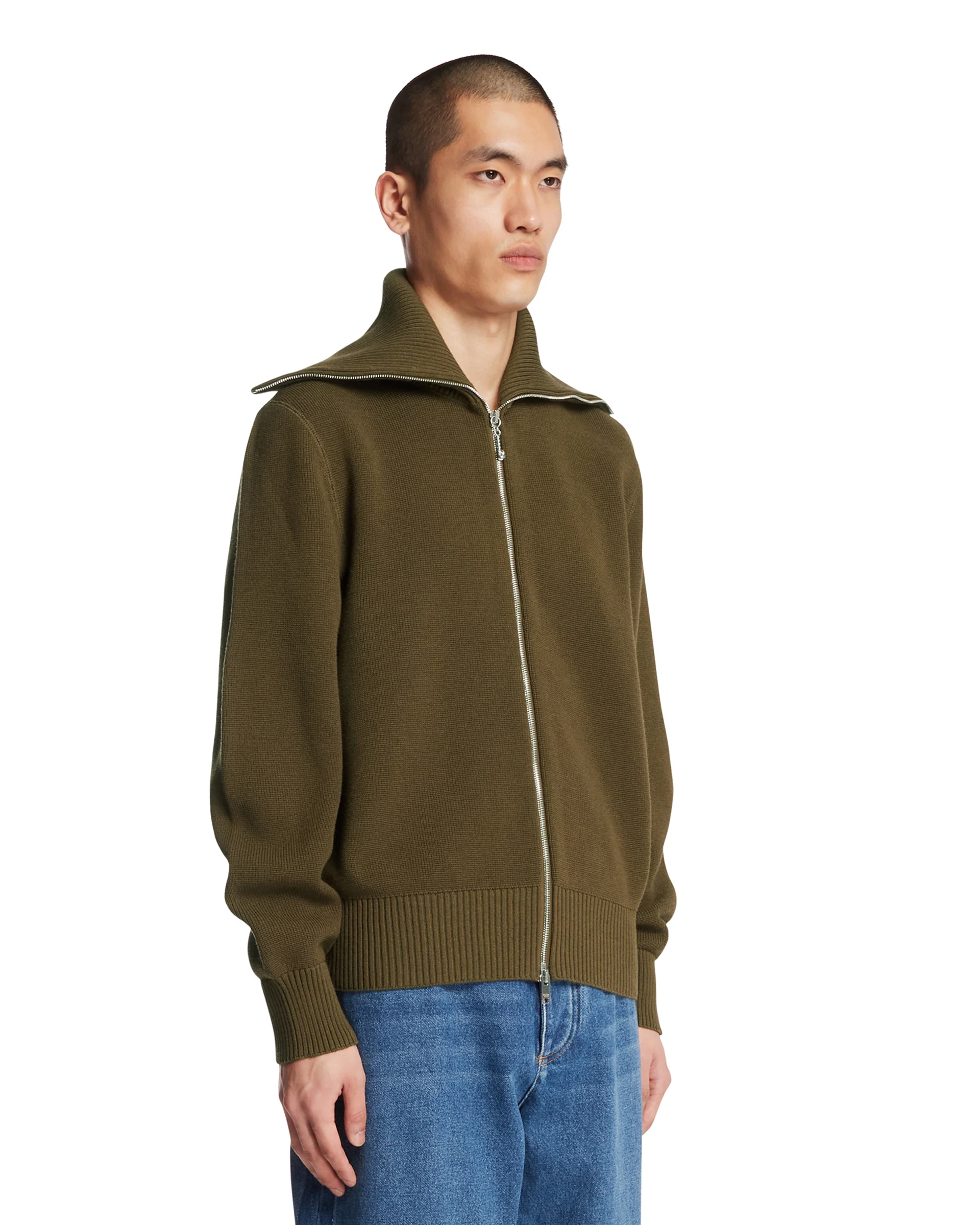 Cardigan Con Zip In Lana E Cotone Verde - Image 2