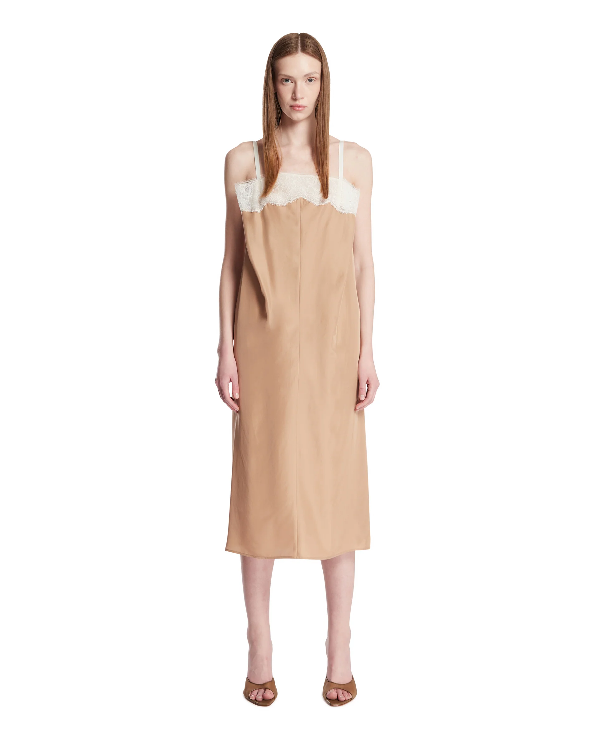 Abito In Seta E Pizzo Beige