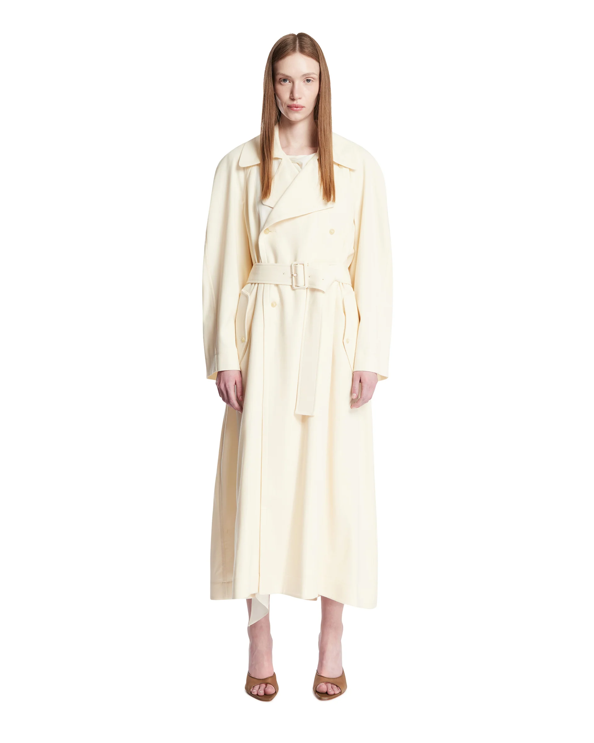 Trench In Lana Con Sciarpa Bianco