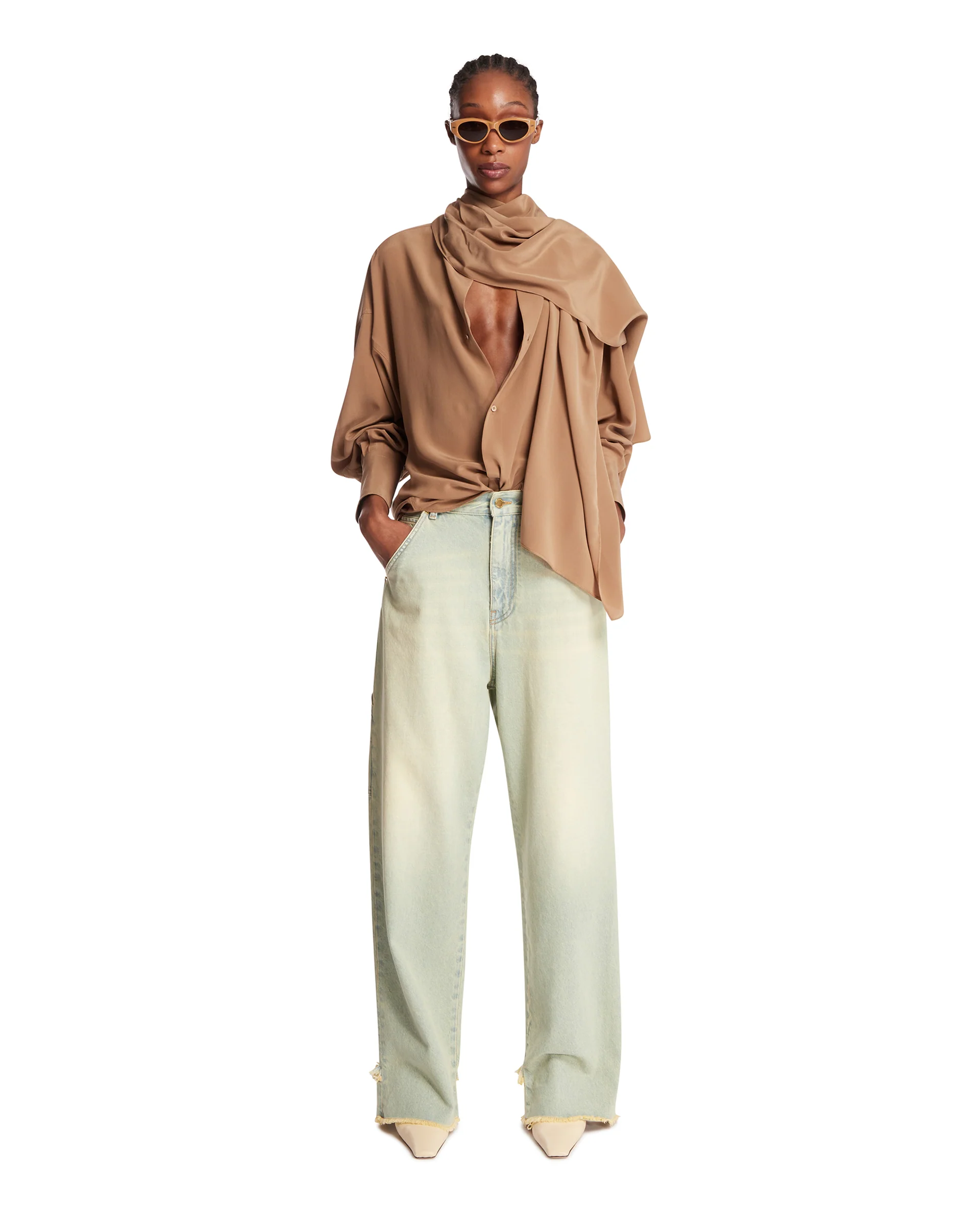 Camicia In Seta Con Sciarpa Beige - Image 3