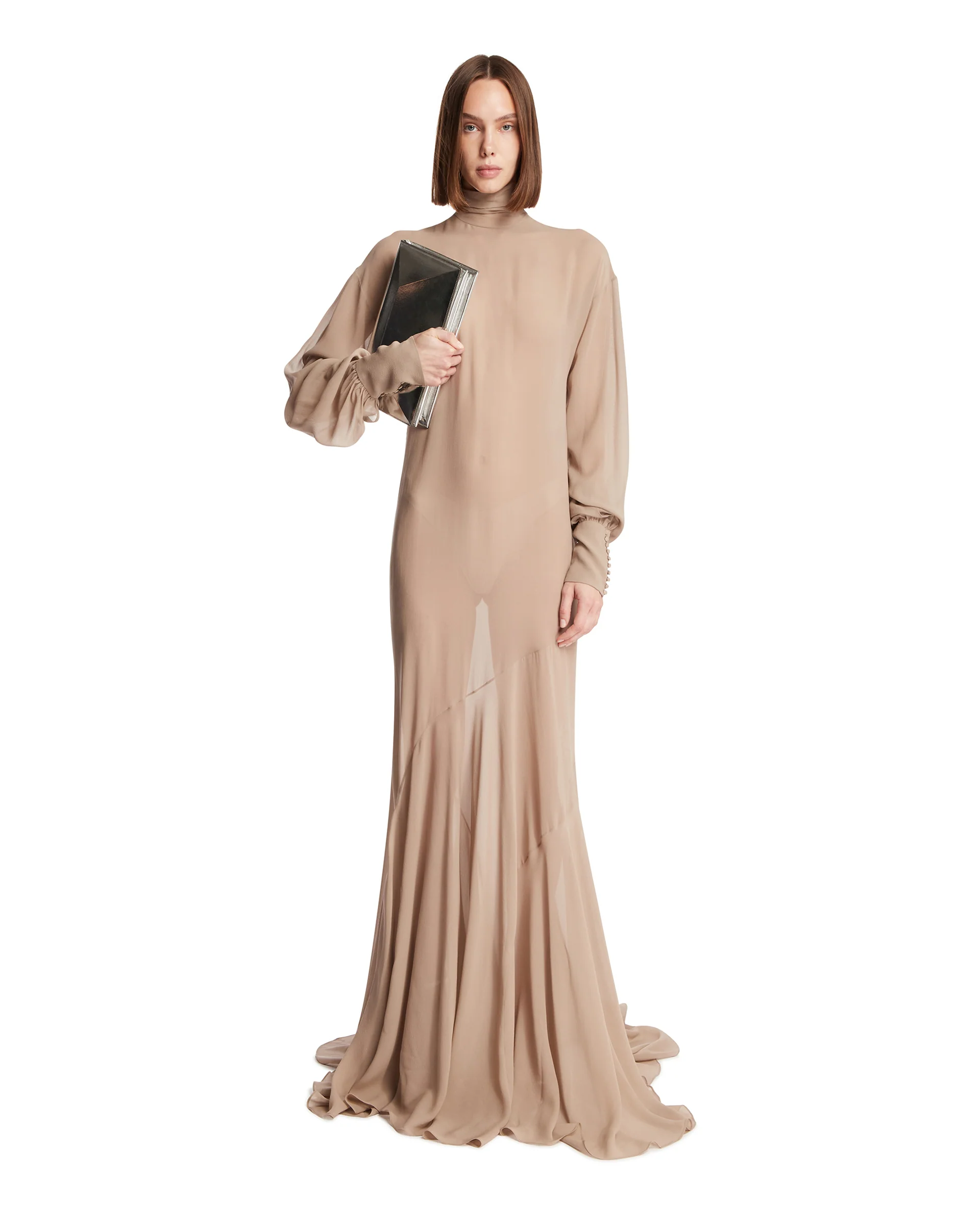 Abito Trasparente A Collo Alto Beige - Image 3