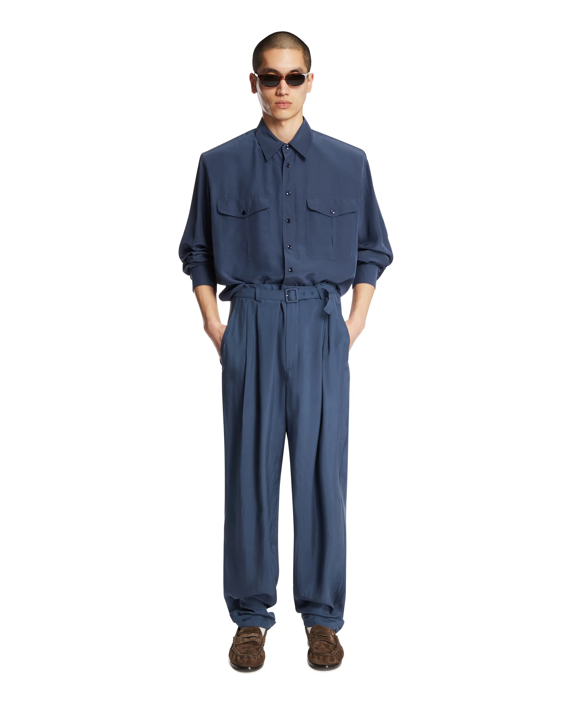 Pantaloni Con Cintura In Seta Blu - Image 3